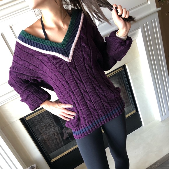90s VTG purple cable knit cotton v neck sweater - Picture 1 of 5